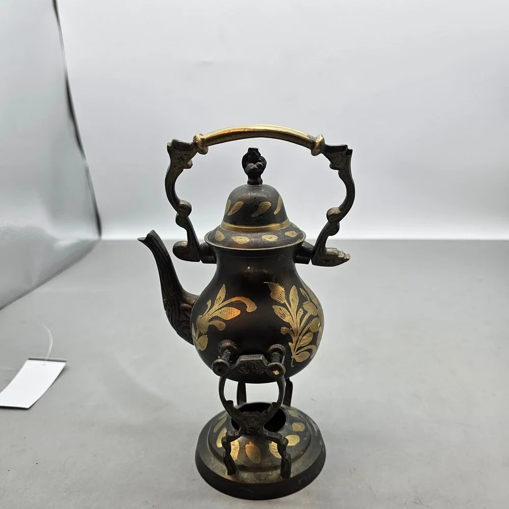 Vintage Brass Teapot with Warming Stand Black and Gold Etched Floral Decorative